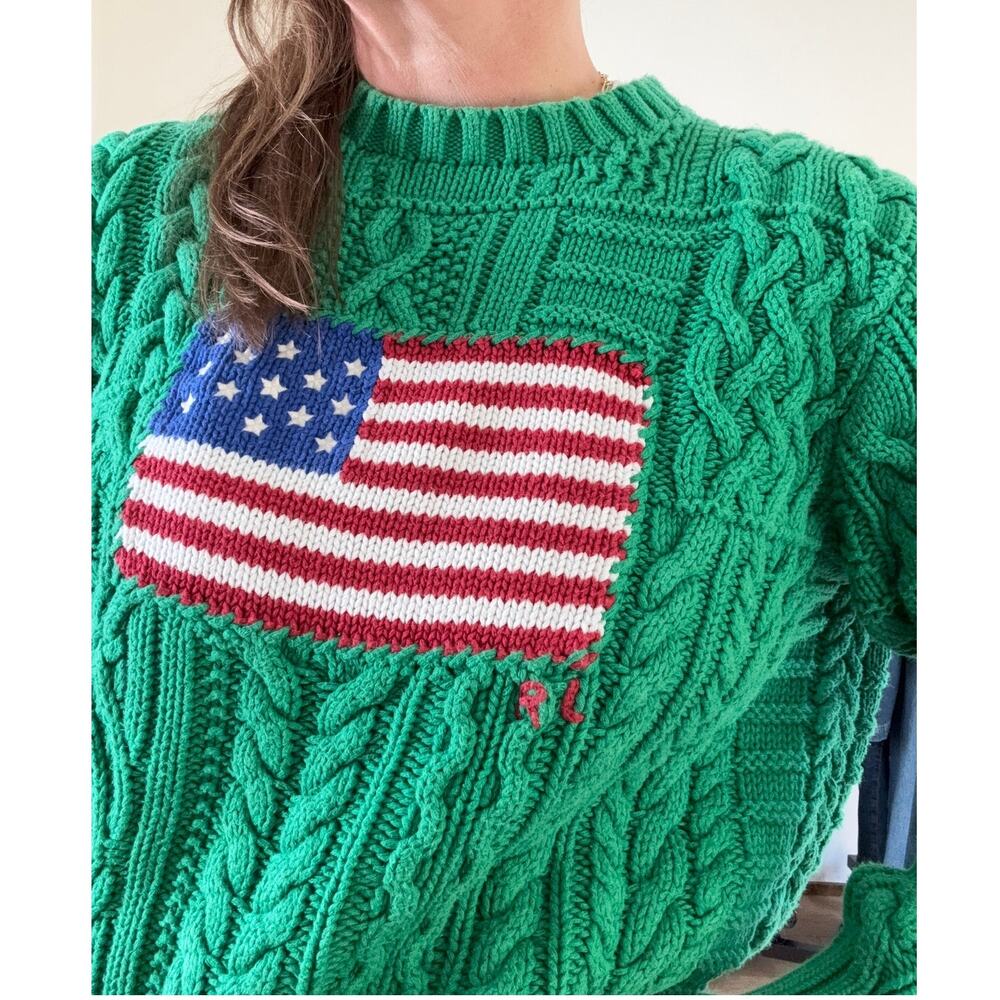 Polo Ralph Lauren Cable Knit American USA lag Sweater Flag jeans Small Green - Picture 3 of 8